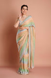 Green Shaded Stripes Soft Organza Handwork Designer Saree