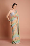 Green Shaded Stripes Soft Organza Handwork Designer Saree