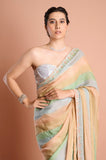 Green Shaded Stripes Soft Organza Handwork Designer Saree