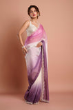 Lilac Purple Shaded Shimmer Satin Handwork Designer Saree