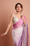 Lilac Purple Shaded Shimmer Satin Handwork Designer Saree