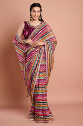 Magenta Multicolour Printed Georgette Stripe Saree