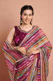 Magenta Multicolour Printed Georgette Stripe Saree