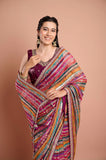 Magenta Multicolour Printed Georgette Stripe Saree