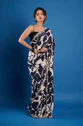 Offwhite Black Crepe Handwork Designer Saree
