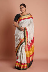 Offwhite Checks Moonga Silk Multicolour Black Border Hand Embroidered Saree