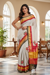 Offwhite Checks Moonga Silk Multicolour Black Border Hand Embroidered Saree