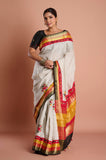 Offwhite Checks Moonga Silk Multicolour Black Border Hand Embroidered Saree