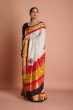 Offwhite Checks Moonga Silk Multicolour Black Border Hand Embroidered Saree