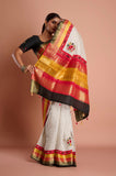 Offwhite Checks Moonga Silk Multicolour Black Border Hand Embroidered Saree