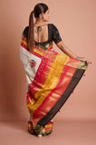 Offwhite Checks Moonga Silk Multicolour Black Border Hand Embroidered Saree