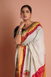 Offwhite Checks Moonga Silk Multicolour Black Border Hand Embroidered Saree
