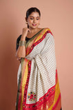 Offwhite Checks Moonga Silk Multicolour Black Border Hand Embroidered Saree