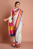 Offwhite Checks Moonga Silk Multicolour Blue Border Hand Embroidered Saree
