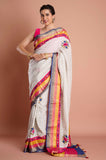 Offwhite Checks Moonga Silk Multicolour Blue Border Hand Embroidered Saree