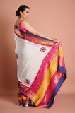 Offwhite Checks Moonga Silk Multicolour Blue Border Hand Embroidered Saree