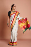 Offwhite Checks Moonga Silk Multicolour Green Border Hand Embroidered Saree