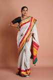 Offwhite Checks Moonga Silk Multicolour Green Border Hand Embroidered Saree