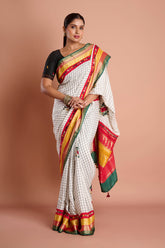 Offwhite Checks Moonga Silk Multicolour Green Border Hand Embroidered Saree