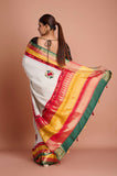 Offwhite Checks Moonga Silk Multicolour Green Border Hand Embroidered Saree