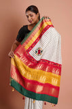 Offwhite Checks Moonga Silk Multicolour Green Border Hand Embroidered Saree
