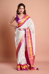 Offwhite Checks Moonga Silk Multicolour Purple Border Hand Embroidered Saree