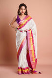 Offwhite Checks Moonga Silk Multicolour Purple Border Hand Embroidered Saree