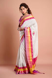 Offwhite Checks Moonga Silk Multicolour Purple Border Hand Embroidered Saree