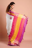 Offwhite Checks Moonga Silk Multicolour Purple Border Hand Embroidered Saree