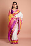 Offwhite Checks Moonga Silk Multicolour Purple Border Hand Embroidered Saree
