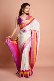 Offwhite Checks Moonga Silk Multicolour Purple Border Hand Embroidered Saree