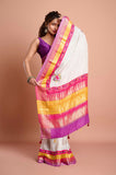Offwhite Checks Moonga Silk Multicolour Purple Border Hand Embroidered Saree