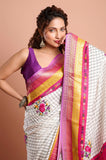 Offwhite Checks Moonga Silk Multicolour Purple Border Hand Embroidered Saree