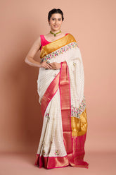 Offwhite Checks Moonga Silk Pink Mustard Border Hand Embroidered Saree