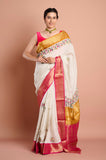 Offwhite Checks Moonga Silk Pink Mustard Border Hand Embroidered Saree
