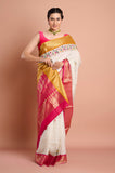 Offwhite Checks Moonga Silk Pink Mustard Border Hand Embroidered Saree