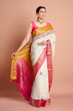 Offwhite Checks Moonga Silk Pink Mustard Border Hand Embroidered Saree