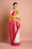 Offwhite Checks Moonga Silk Pink Mustard Border Hand Embroidered Saree