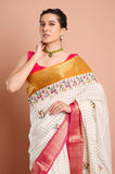 Offwhite Checks Moonga Silk Pink Mustard Border Hand Embroidered Saree