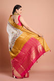 Offwhite Checks Moonga Silk Pink Mustard Border Hand Embroidered Saree