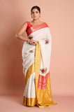 Offwhite Checks Moonga Silk Red Mustard Border Hand Embroidered Saree