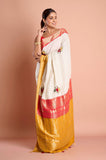 Offwhite Checks Moonga Silk Red Mustard Border Hand Embroidered Saree