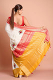 Offwhite Checks Moonga Silk Red Mustard Border Hand Embroidered Saree