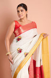 Offwhite Checks Moonga Silk Red Mustard Border Hand Embroidered Saree