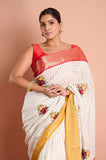 Offwhite Checks Moonga Silk Red Mustard Border Hand Embroidered Saree