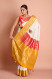 Offwhite Checks Moonga Silk Red Mustard Border Hand Embroidered Saree