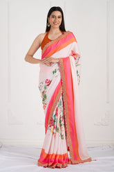 Offwhite Floral Printed Satin Handwork Saree