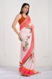 Offwhite Floral Printed Satin Handwork Saree