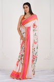 Offwhite Floral Printed Satin Handwork Saree