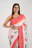 Offwhite Floral Printed Satin Handwork Saree